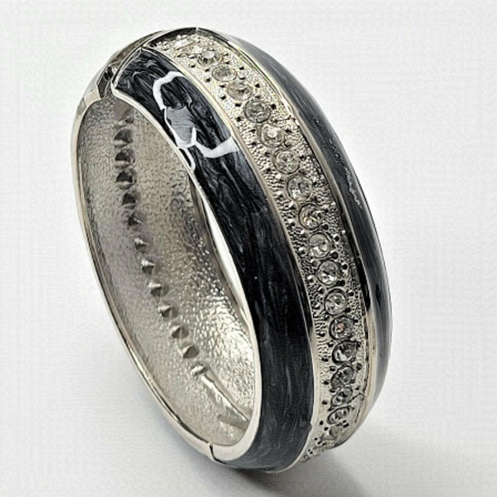 GREY Enamel Wide Hinged Cuff Crystal Bangle Bracelet